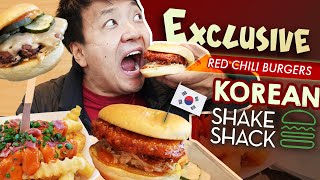 SHAKE SHACK EXCLUSIVE Korean RED CHILI BURGERS Review Gochujang BURGERS amp FRIES [upl. by Hsitirb]