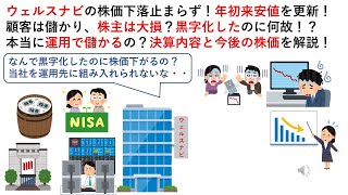 ウェルスナビの株価下落止まらず！年初来安値を更新！顧客は儲かり、株主は大損？黒字化したのに何故！？本当に運用で儲かるの？決算内容と今後の株価を解説！ [upl. by Adav]