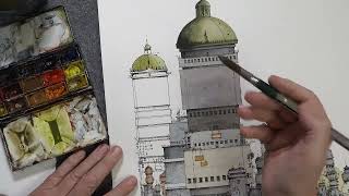 How to draw with ink and watercolor a cityscape [upl. by Gnel955]