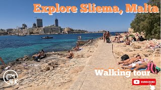 Explore Sliema Malta  4K walking tour around the rocky coastline [upl. by Deron]