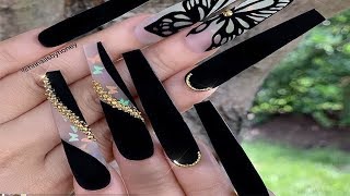 Recreación Diseño de INSTAGRAM Uñas En COLOR NEGRO MATTE Con Mariposas Tornasol [upl. by Postman]