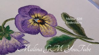 Floral Embroidery  Long amp Short stitches  How to embroider a Viola flower [upl. by Lagiba534]