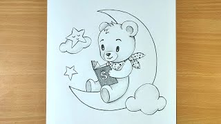 How to draw a Cute Teddy bear sitting and reading in moon SureshArtsFam [upl. by Baecher717]