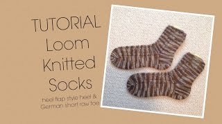 Tutorial  loom knitted socks wheel flapgusset style heel amp German short row toe [upl. by Raffo233]