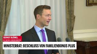 quotFamilienbonus Plusquot BognerStrauß und Blümel vor Ministerrat [upl. by Natek]