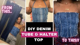 DIY Tube Top DIY Halter Top DIY Denim  Thrift Flip  Beginner Friendly [upl. by Atel203]