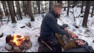 Norse Winter Bushcraft Overnight  Snow Wickiup Raven Firepit Food Stone Circle Moss Door [upl. by Norrag762]