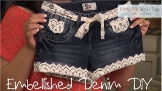 DIY No Sew Embellished Jeans with Lace or Studs [upl. by Cogan]