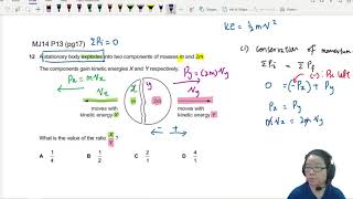 34a Ex1 MJ14 P13 Q12 Explosion Parts KE Ratio  AS Dynamics  Cambridge A Level Physics [upl. by Lydell]