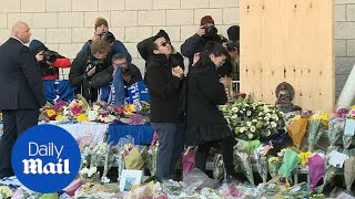 Srivaddhanaprabhas wife and son lay wreath outside stadium [upl. by Airotkciv]