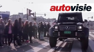 Driving monstrous Mercedes G63 AMG 6x6 through Amsterdam English subtitled  Autovisie [upl. by Rehpotsihrc]