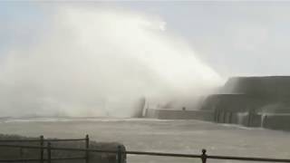 Huge waves crashing over Porthcawl pier during ex Hurricane Ophelia [upl. by Saxela]