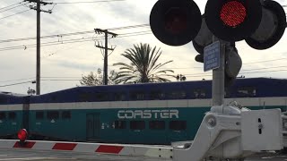 Coaster 2102 Train Meets MTS Trolley Light Rail Trains Old Town Taylor Street Railroad Crossing [upl. by Xever604]