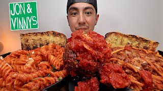 MUKBANG EATING JON AND VINNYS CHEESY SPAGHETTI BOLOGNESE SPICY FUSILLI MEATBALLS WITH SAUCE ASMR [upl. by Nehpets]