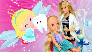 Tooth Fairy  Elsa and Anna Toddlers 3 Elsya and Annya see Real Tooth Fairy Barbie Toys amp Dolls [upl. by Patience]