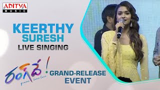 Keerthy Suresh Live Singing Performance  RangDe​ Grand Release Event Live  Nithiin  DSP [upl. by Auqinimod]