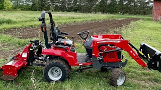 Massey Ferguson GC1725M SubCompact Tractor with Rototiller  First Time Tilling the Garden [upl. by Asilahs]