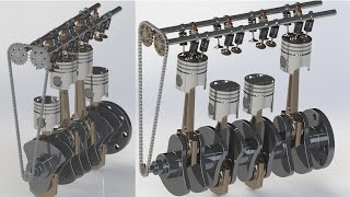 DOHC Inline Four cylinder  i4 four stroke diesel engine animation using Solidworks amp Photoview360 [upl. by Erdnael]