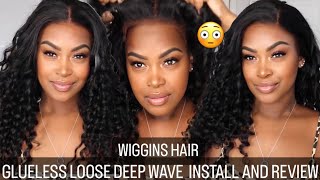 THE BEST GLUELESS WIG WIGGINS HAIR GLUELESS LOOSE DEEP WAVE WIG INSTALL AND HONEST REVIEW [upl. by Aisel491]