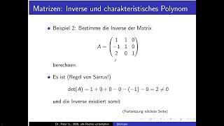 Matrizen Folge 58 Inverse Matrix aus charakteristischem Polynom berechnen Beispiel [upl. by Yenmor]