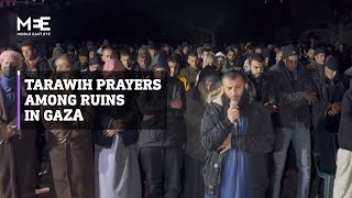 Palestinians hold Tarawih prayers at ruined alFarouq Mosque in Gaza [upl. by Anaj]