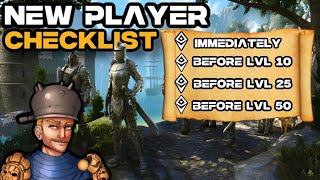 ESO New Player Checklist  Milestone Guide Things to do immediately and before levels 102550 [upl. by Ahsanat]