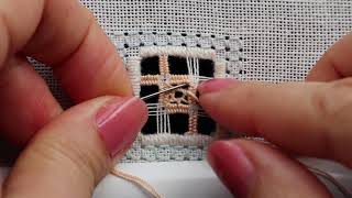 Nutmeg and Doves eye hardanger filling stitches on Woven bars [upl. by Frasquito272]