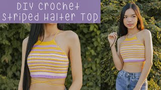 DIY Crochet Striped Halter Top  Halter Top Crochet Tutorials  Chenda DIY [upl. by Nuawaj]