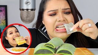 I Tried ASMR Eating Raw Honeycomb Slime Aloe Vera Sticky Crunchy Sounds [upl. by Eelyahs813]