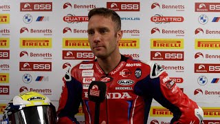 2024 Bennetts British Superbike Championship Round 11 Brands Hatch Race 2 podium reactions [upl. by Annaigroeg]