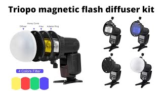 triopo budget magnetic flash speedlite diffuser kit with universal holder dome honeycomb grid 4 gels [upl. by Asira]