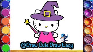 Hello Kitty Witch 🐱🐈🌈💖💕💜Super Cute Easy Halloween Drawing for Kids  Let’s Draw Together [upl. by Mendive]