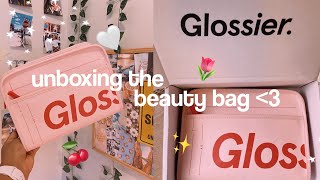 glossier beauty bag review amp unboxing  filling it up with makeup [upl. by Edialeda]