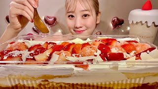 ASMR Strawberry and Cream Puff Mascarpone Cake【Mukbang Eating Sounds】【English subtitles】 [upl. by Marlo]