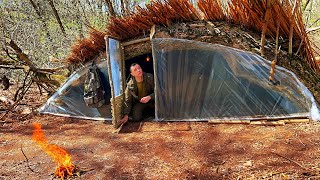 Building a Reed Shelter Waterproof  Bushcraft in the Secret Place  Warm and Cozy House Amazing [upl. by Oine]